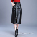 Women sexy PU Leather Long Vent Skirt
